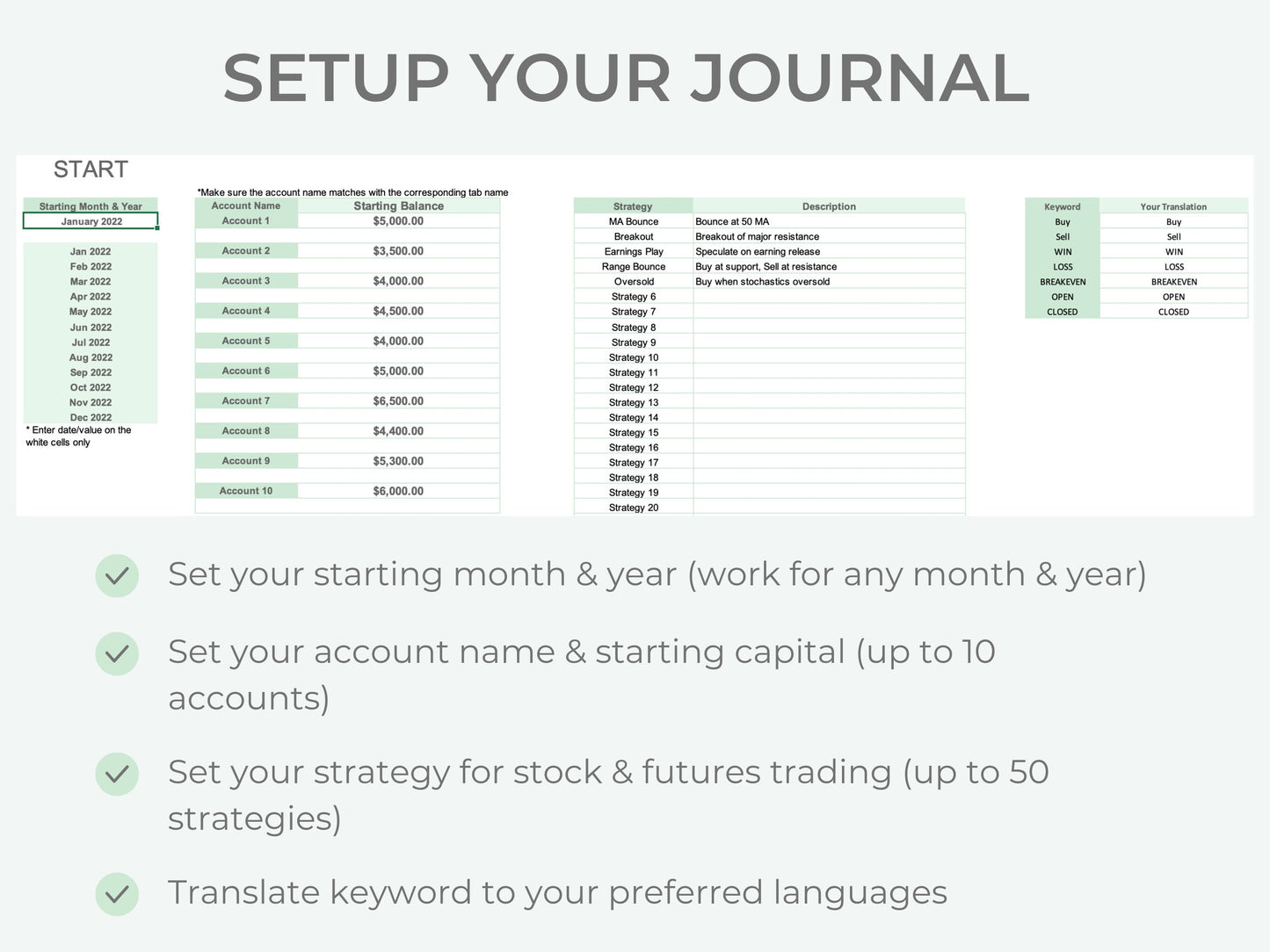 Stocks & Futures Trading Journal | Multi-Account Trading Spreadsheet (Up to 10 Accounts)