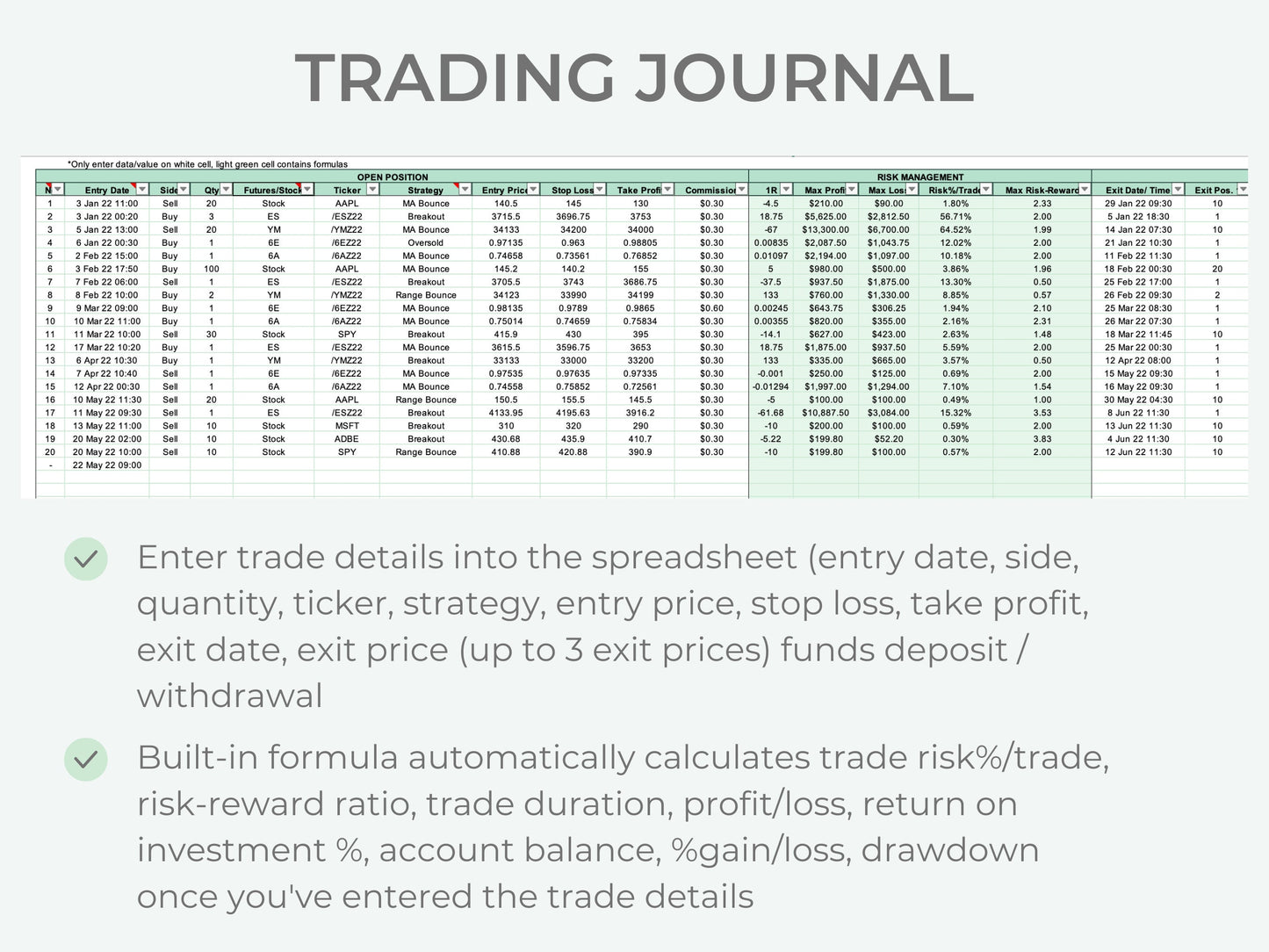 Stocks & Futures Trading Journal | Multi-Account Trading Spreadsheet (Up to 10 Accounts)