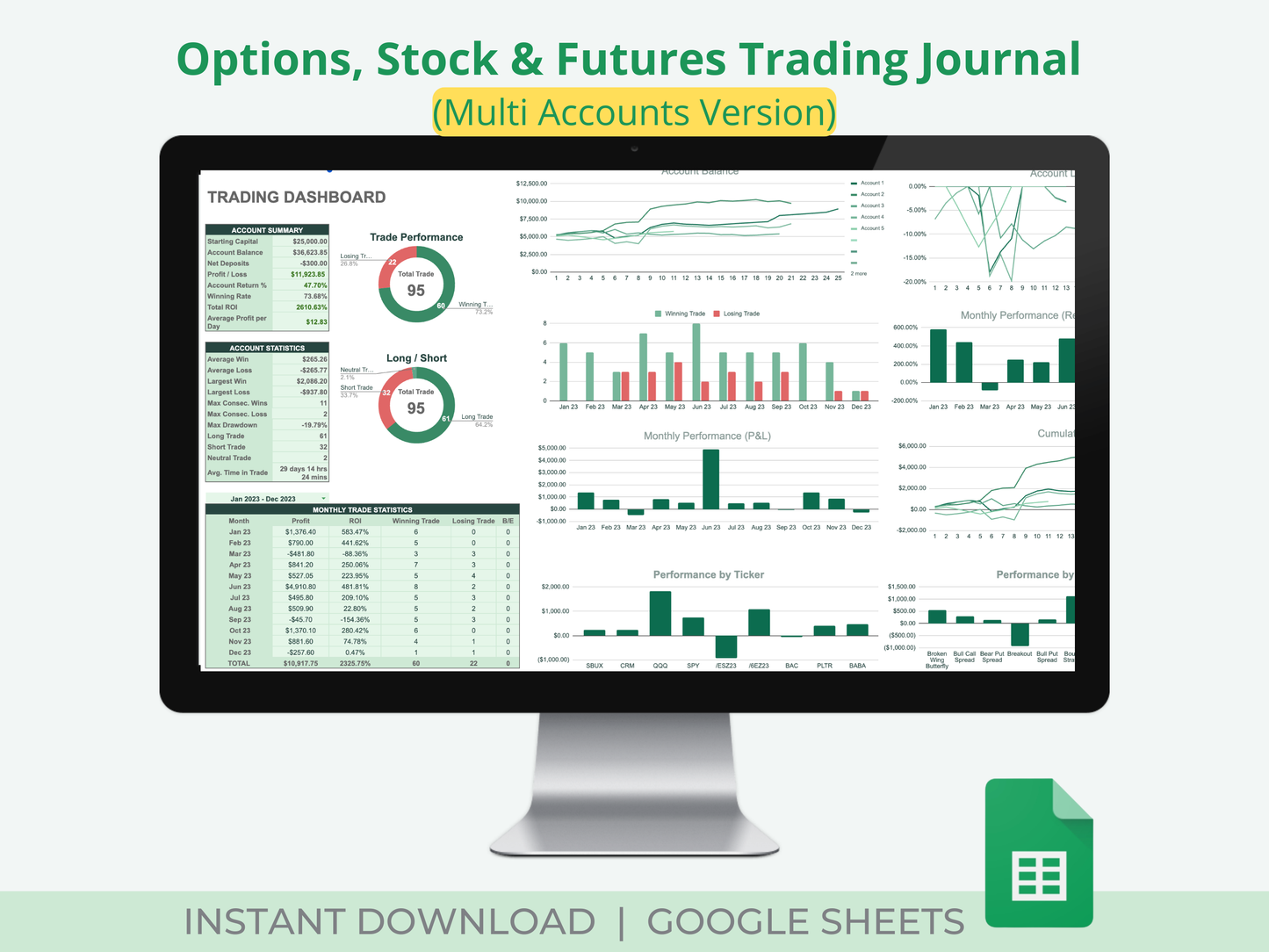Options, Stocks & Futures Trading Journal | Multi-Account Trading Spreadsheet (Up to 10 Accounts)