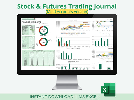 Stocks & Futures Trading Journal | Multi-Account Trading Spreadsheet (Up to 10 Accounts)