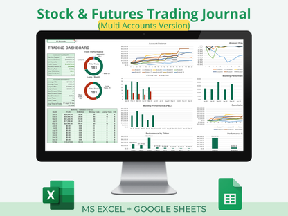 Stocks & Futures Trading Journal | Multi-Account Trading Spreadsheet (Up to 10 Accounts)